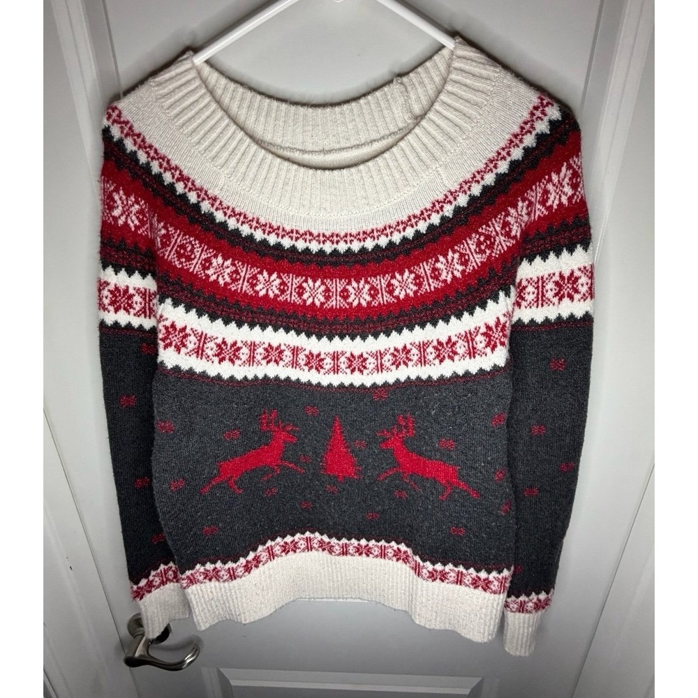 Anne Taylor Loft Reindeer Holiday Fair Isle Crewneck Sweater‎ Sz Women's Small